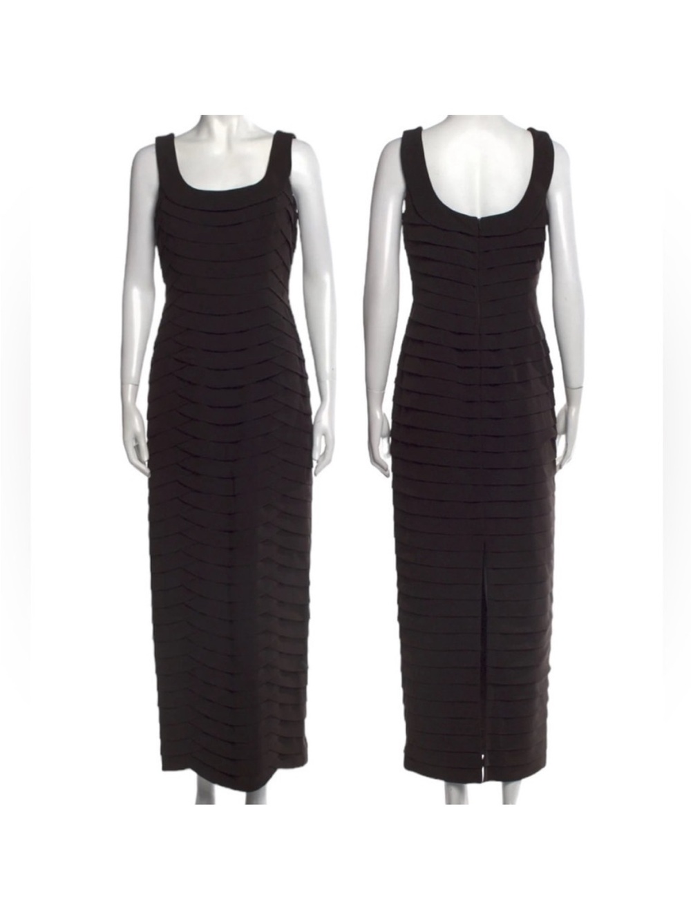 Carmen Marc Valvo Brown Sleeveless Scalloped Tiered Evening Maxi Gown Size 10